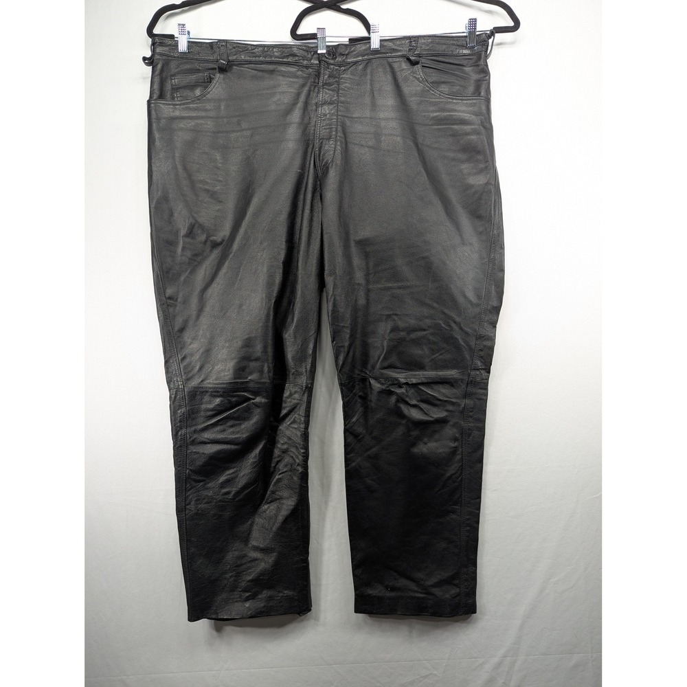 KS Mens Black Genuine Leather Pants Size 52 Straight Leg Biker Rocker Heavy